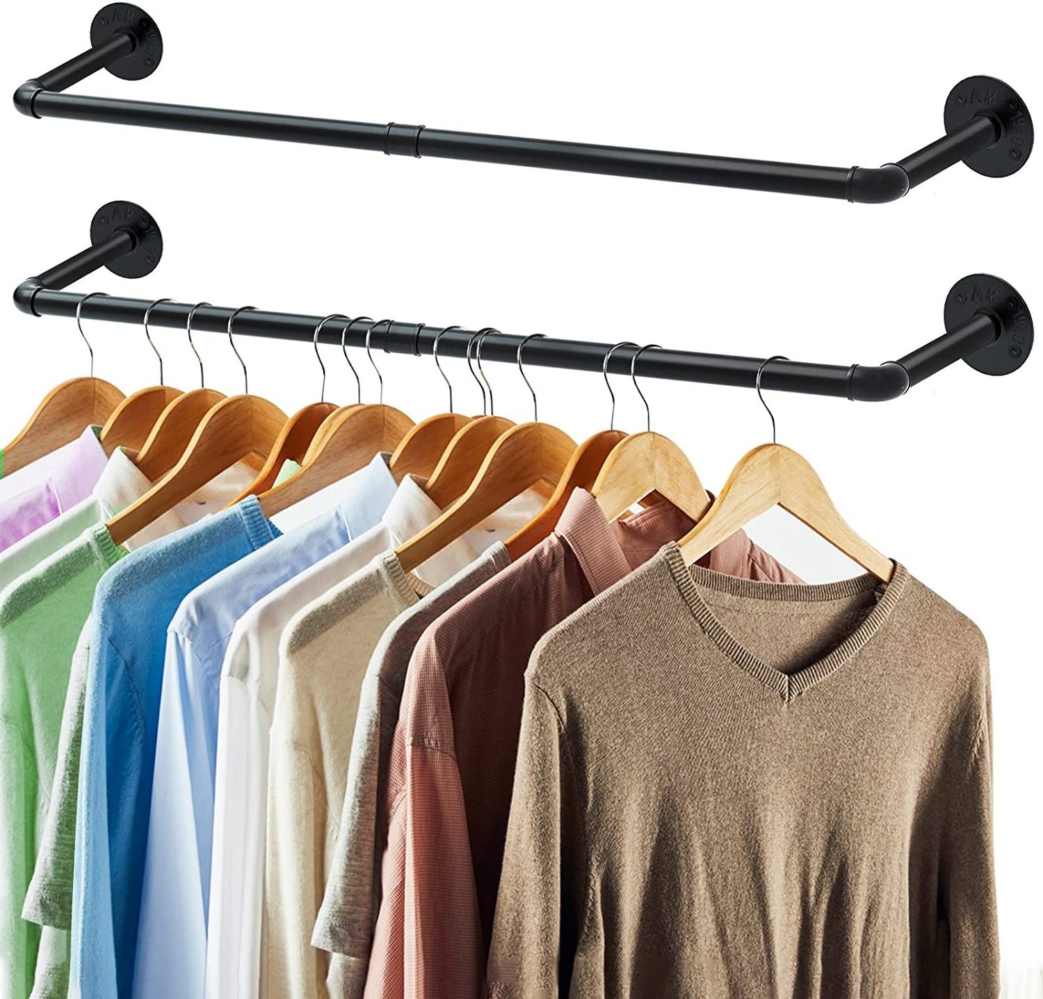 2 Set Multi-purpose Industrial Pipe Clothes Rack  Wall Mounted Iron Garment Rod Heavy Duty Hanging Clothes Rack for Closet Rod