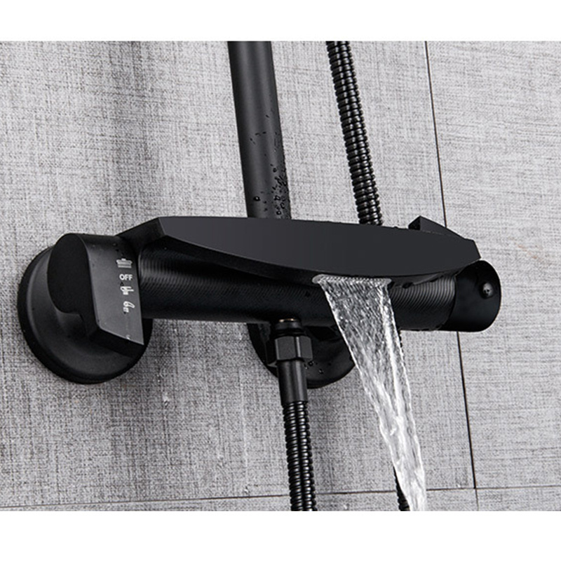 Shower System with Rain Shower Head and Waterfall Tub Faucet Wall Mount Shower Valve and Trim Kit Matte Black