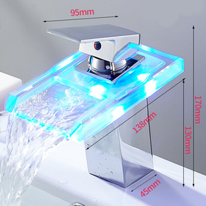 Bathroom Sink LED Glass Faucet, RGB 3 Colors Light Waterfall Single Handle Single Hole Mixer Tap/Faucet, Polished Chrome