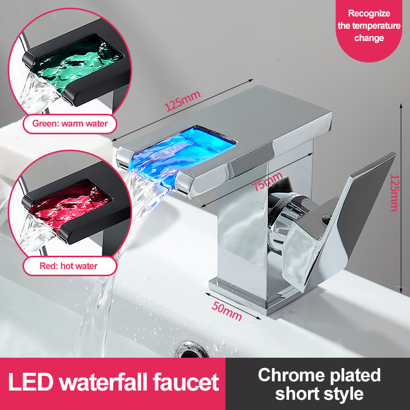 Bathroom Sink LED Glass Faucet, RGB 3 Colors Light Waterfall Single Handle Single Hole Mixer Tap/Faucet, Polished Chrome