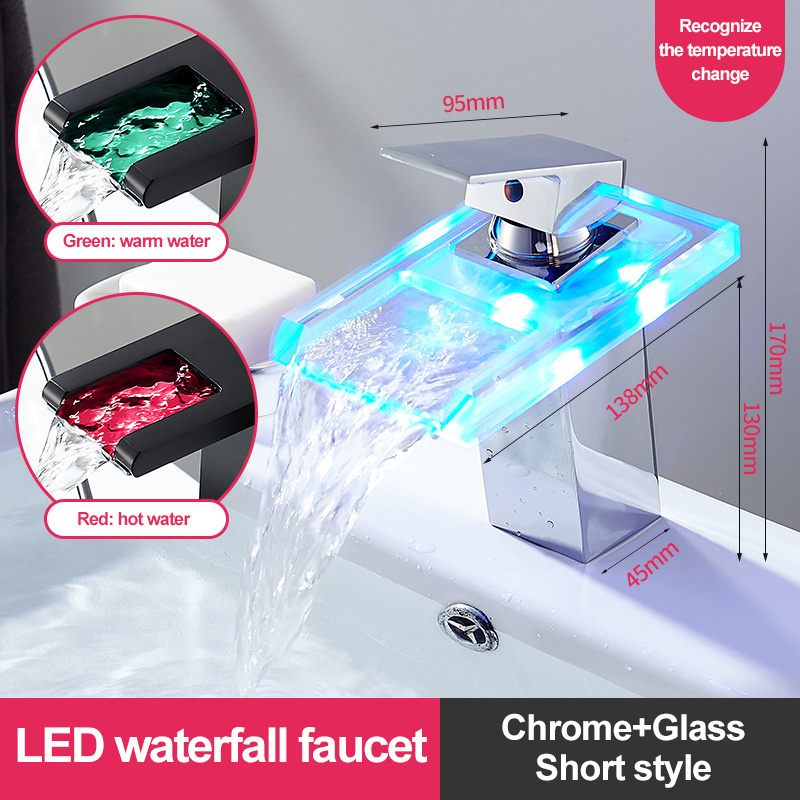 Bathroom Sink LED Glass Faucet, RGB 3 Colors Light Waterfall Single Handle Single Hole Mixer Tap/Faucet, Polished Chrome