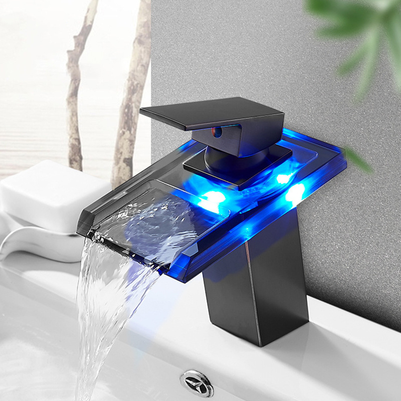 Bathroom Sink LED Glass Faucet, RGB 3 Colors Light Waterfall Single Handle Single Hole Mixer Tap/Faucet, Polished Chrome