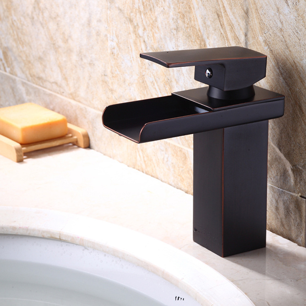 Waterfall Spout Bathroom Vessel Sink Faucet Single Handle One Hole Lavatory Oil Rubbed Bronze Short Body Bathroom Basin Faucet