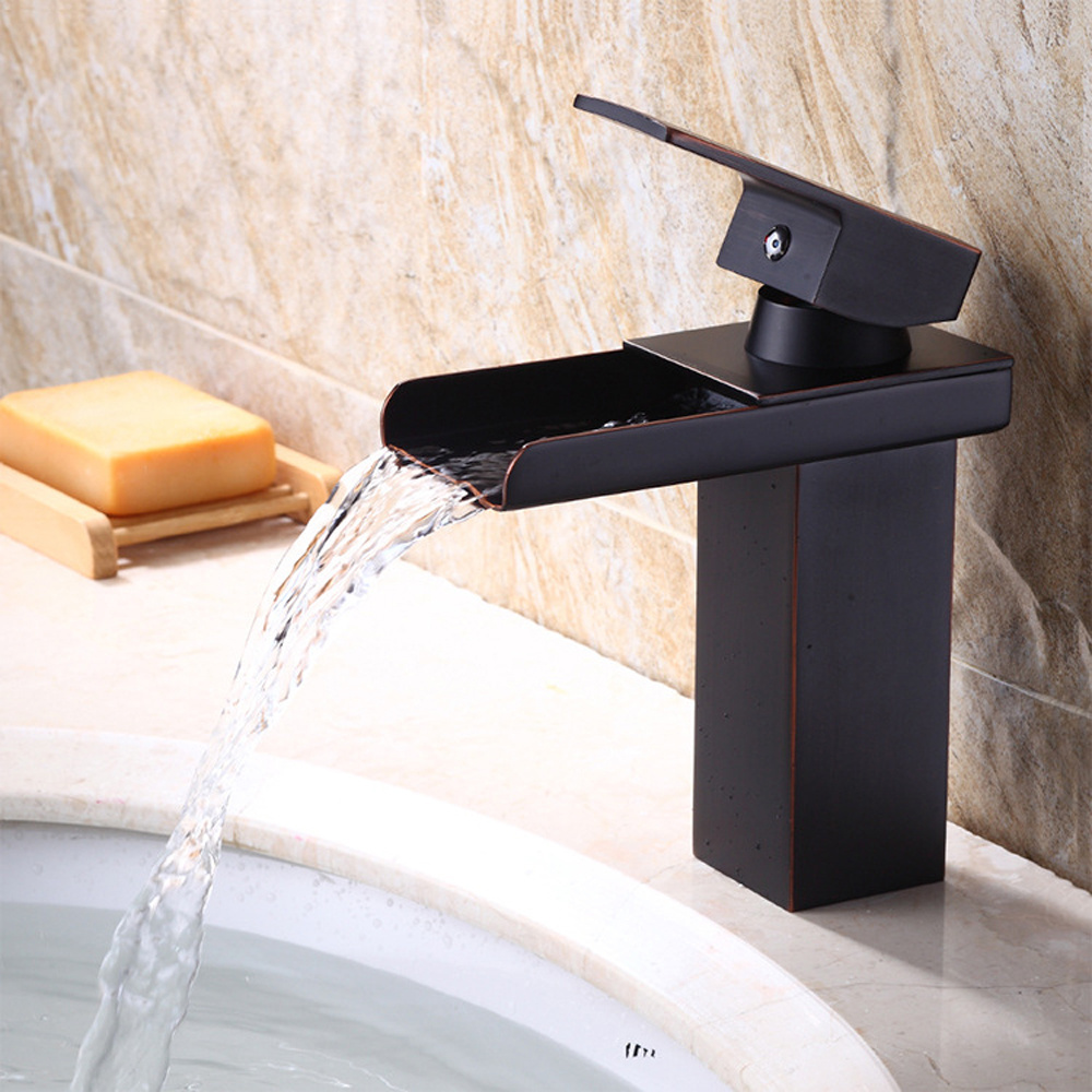 Waterfall Spout Bathroom Vessel Sink Faucet Single Handle One Hole Lavatory Oil Rubbed Bronze Short Body Bathroom Basin Faucet