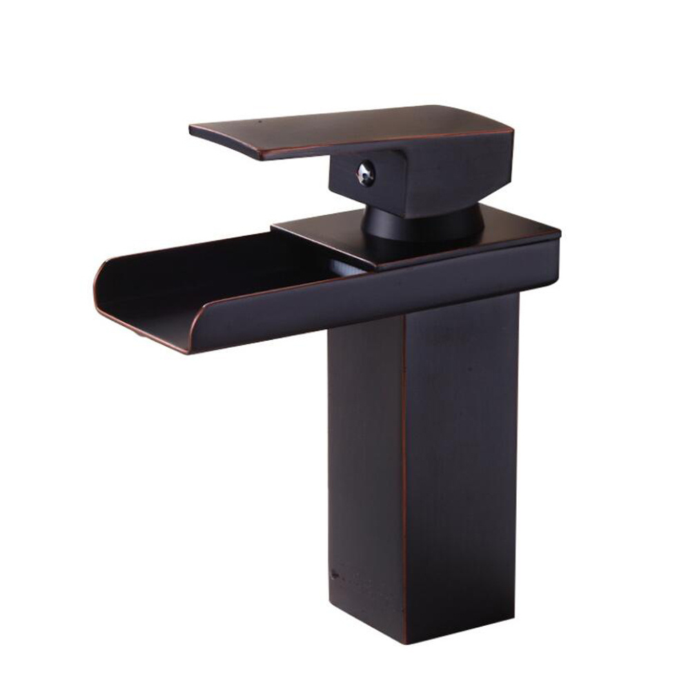 Waterfall Spout Bathroom Vessel Sink Faucet Single Handle One Hole Lavatory Oil Rubbed Bronze Short Body Bathroom Basin Faucet