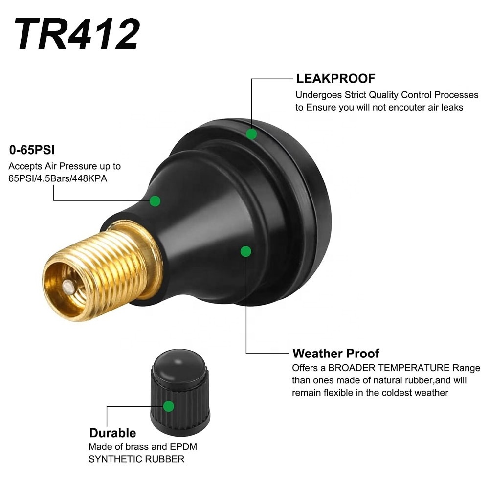 TR412 tire valve stem rubber snap-in short black valve stem for tubeless 0.453 Inch 11.3mm rim holes on standard vehicle tires