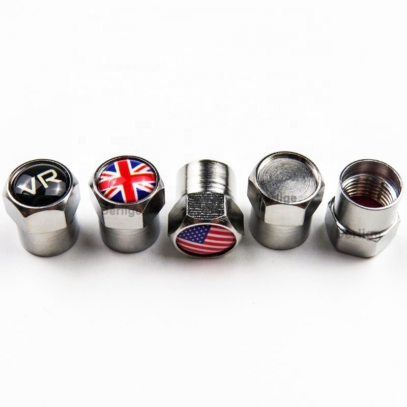 Chromed tire valve stem caps with custom logo Universal car air dust covers with rubber seal, Hexagon tire cap brass material