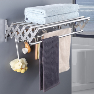 Wall Mount Wide Rustproof Accordion Retractable Clothes Drying Rack 7 Staggered Hanging Rods and Five hooks Laundry Rack