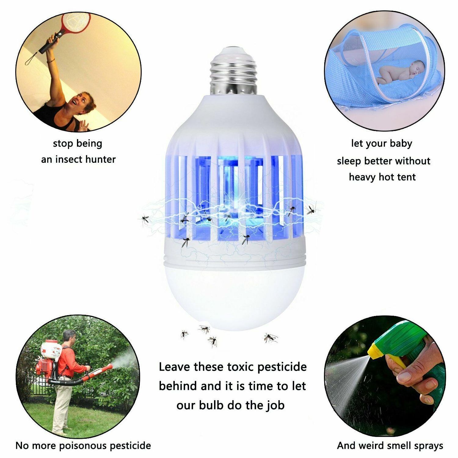 2 In1 Purple UV Low Noise Radiation 360 Degrees Energy Saving LED E26 E27 Mosquito Trap Repellent Zapper Killer Lamp Bulb