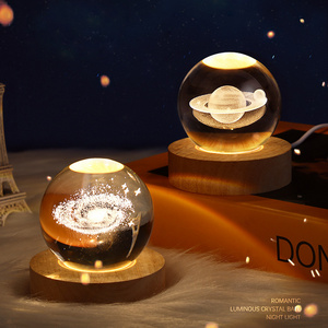 Hot Sale Wooden Bottom Galaxi Star Bedside Lights 3D Glass Crystal Ball LED Moon Lamp For Bedroom Kids Girlfriends Gifts