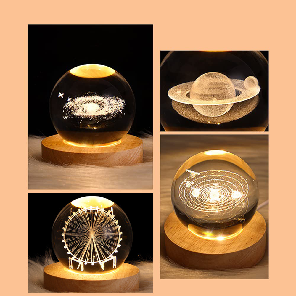 Hot Sale Wooden Bottom Galaxi Star Bedside Lights 3D Glass Crystal Ball LED Moon Lamp For Bedroom Kids Girlfriends Gifts