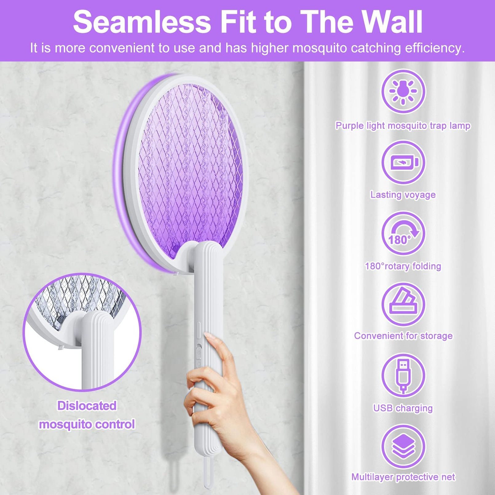 Multifunctional Foldable USB Rechargeable Electric Shock Mosquito Swatter Racket Bat Zapper With Purple Trap Killer Lamp For Fly