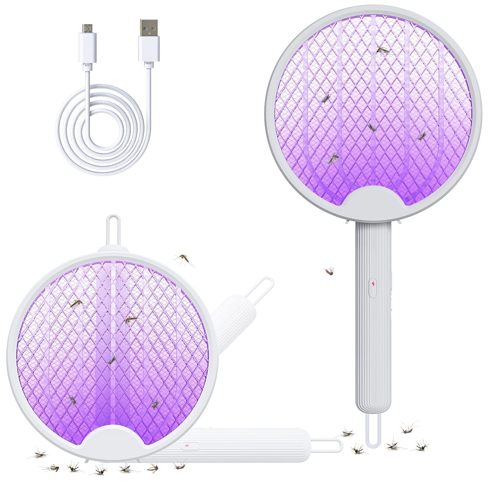 Multifunctional Foldable USB Rechargeable Electric Shock Mosquito Swatter Racket Bat Zapper With Purple Trap Killer Lamp For Fly