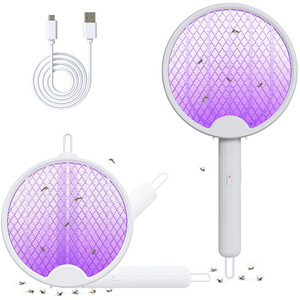 Multifunctional Foldable USB Rechargeable Electric Shock Mosquito Swatter Racket Bat Zapper With Purple Trap Killer Lamp For Fly