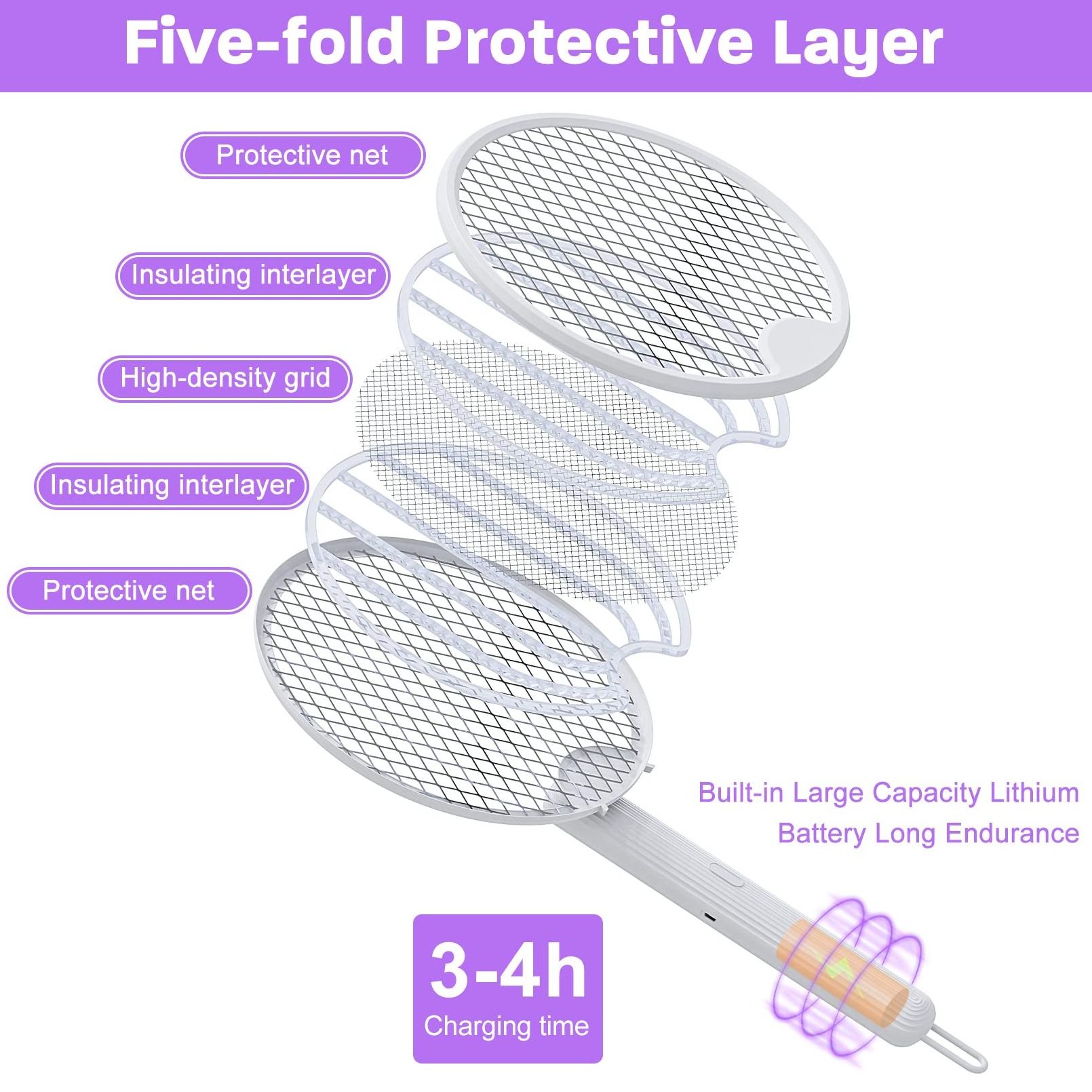 Multifunctional Foldable USB Rechargeable Electric Shock Mosquito Swatter Racket Bat Zapper With Purple Trap Killer Lamp For Fly