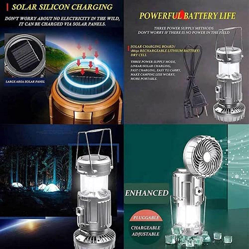 3 In 1 Multifunctional Small Portable Rechargeable LED Solar Emergency Light Lamp With Electric Fan For Outdoor Phone Charging