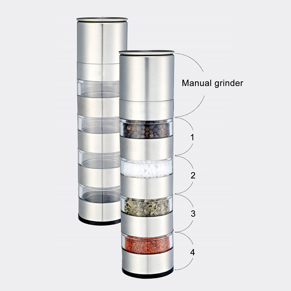 Refillable  4 in 1 Stainless Steel Salt Pepper Grinder Spice mill with adjustable grind level from coarse to fine pepper mill