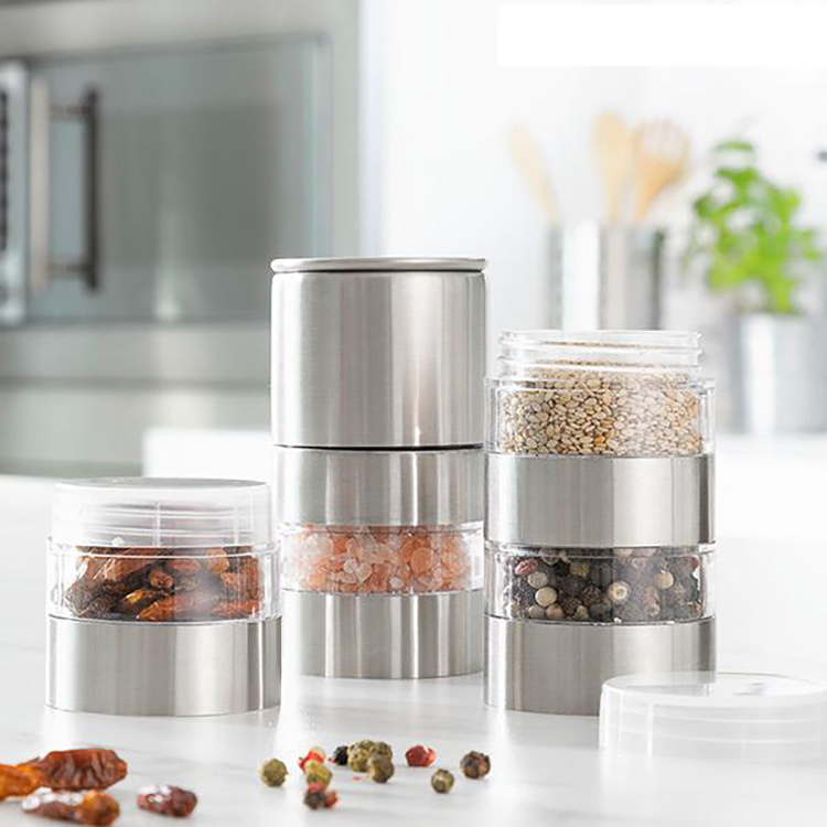 Refillable  4 in 1 Stainless Steel Salt Pepper Grinder Spice mill with adjustable grind level from coarse to fine pepper mill