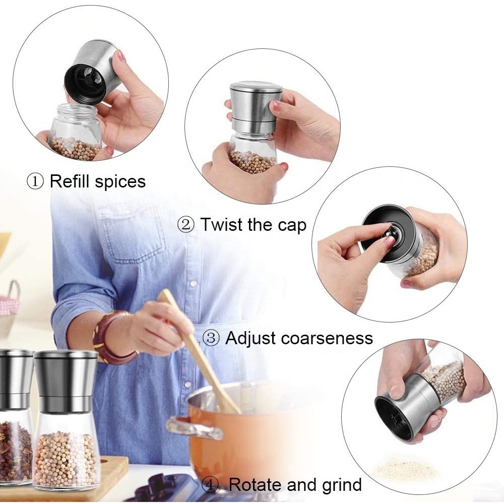 Hot Sale Glass Salt and Pepper Mill,Low MOQ  Stainless Steel Salt and Pepper Mills With 160ml