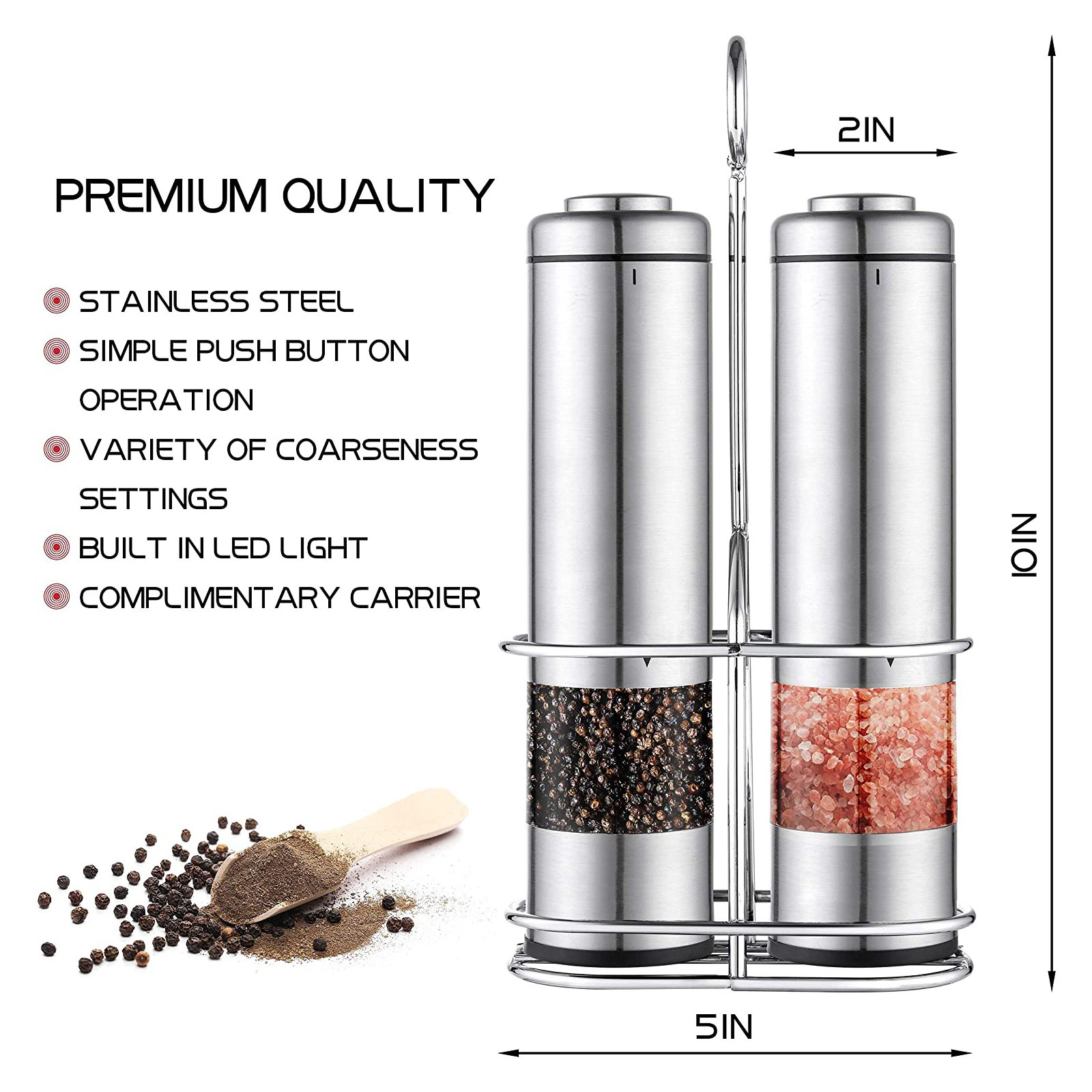 Stainless Steel Electric Automatic Salt and Pepper Grinder Set With Adjustable Coarseness and Light