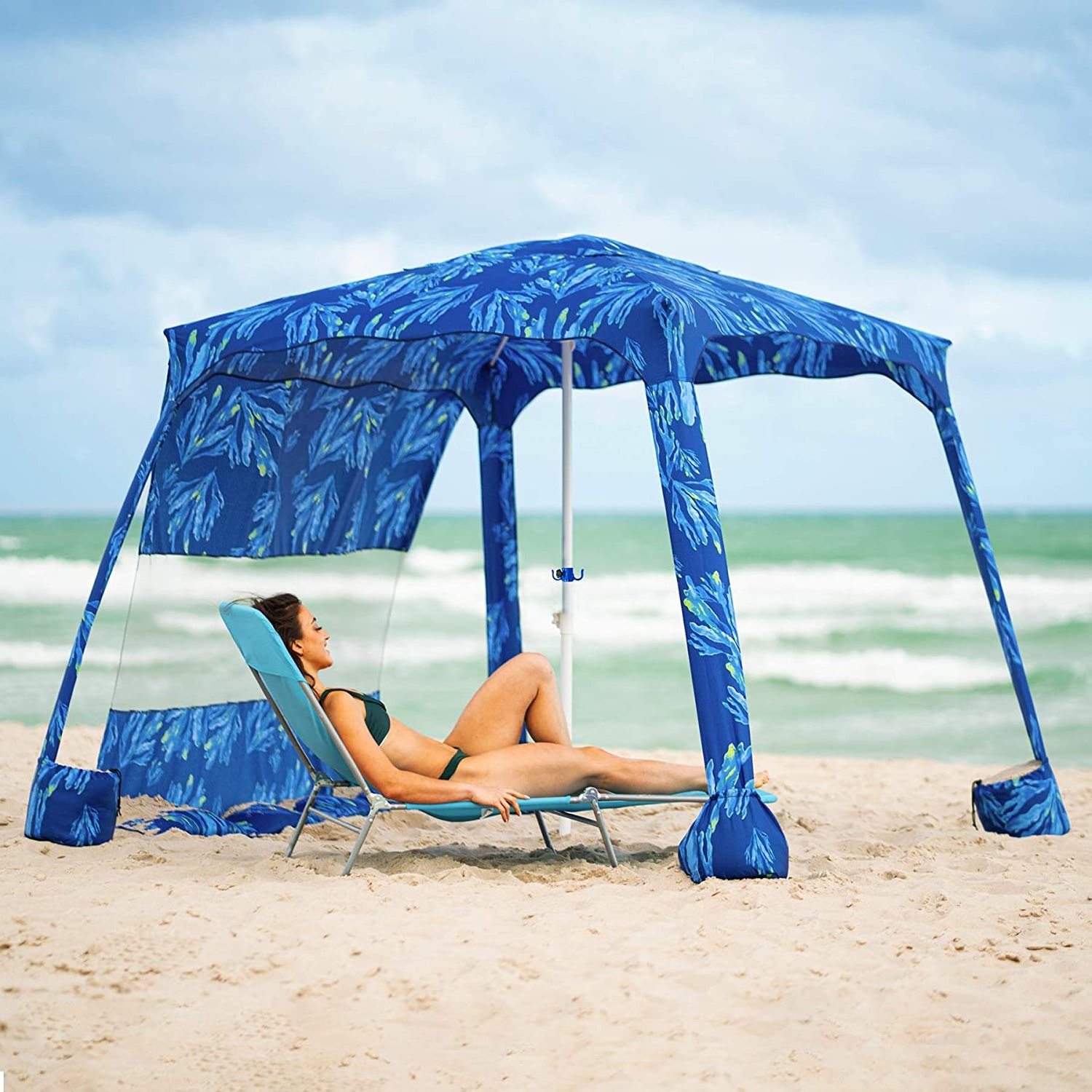 Stripe Printing Portable Square Sun Shelter Beach Cabana UV Umbrella With Legs  Pockets Beach tent camp party event Tent