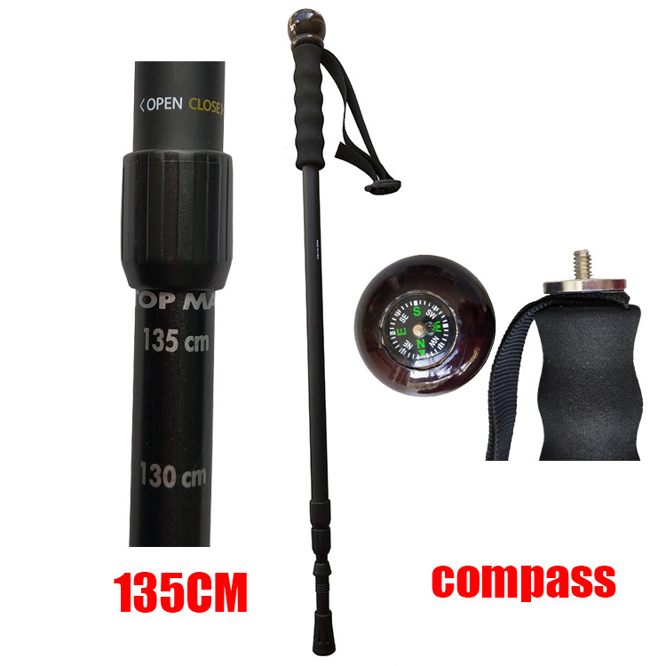 Wooden Head Handle Heavy Duty Anti Shock Hiking Pole Aluminum 6061 Walking Stick with a Compass EVA Carbon Tungsten Steel 135