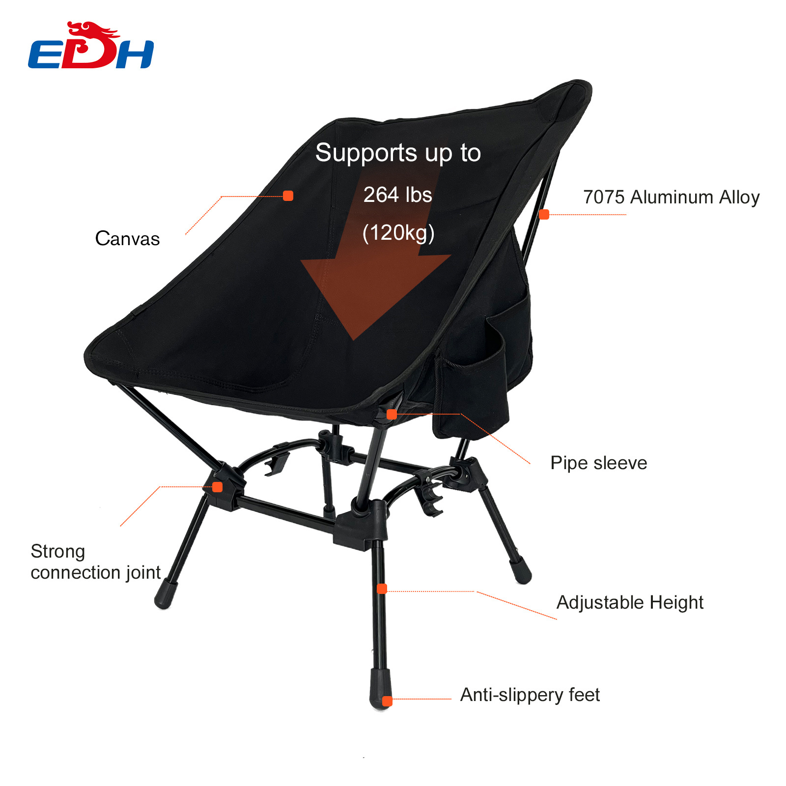 2022 New Custom Outdoor Portable Canvas Folding Height Adjustable Moon Camping lawn Chair For Hiking Walking Sitcks