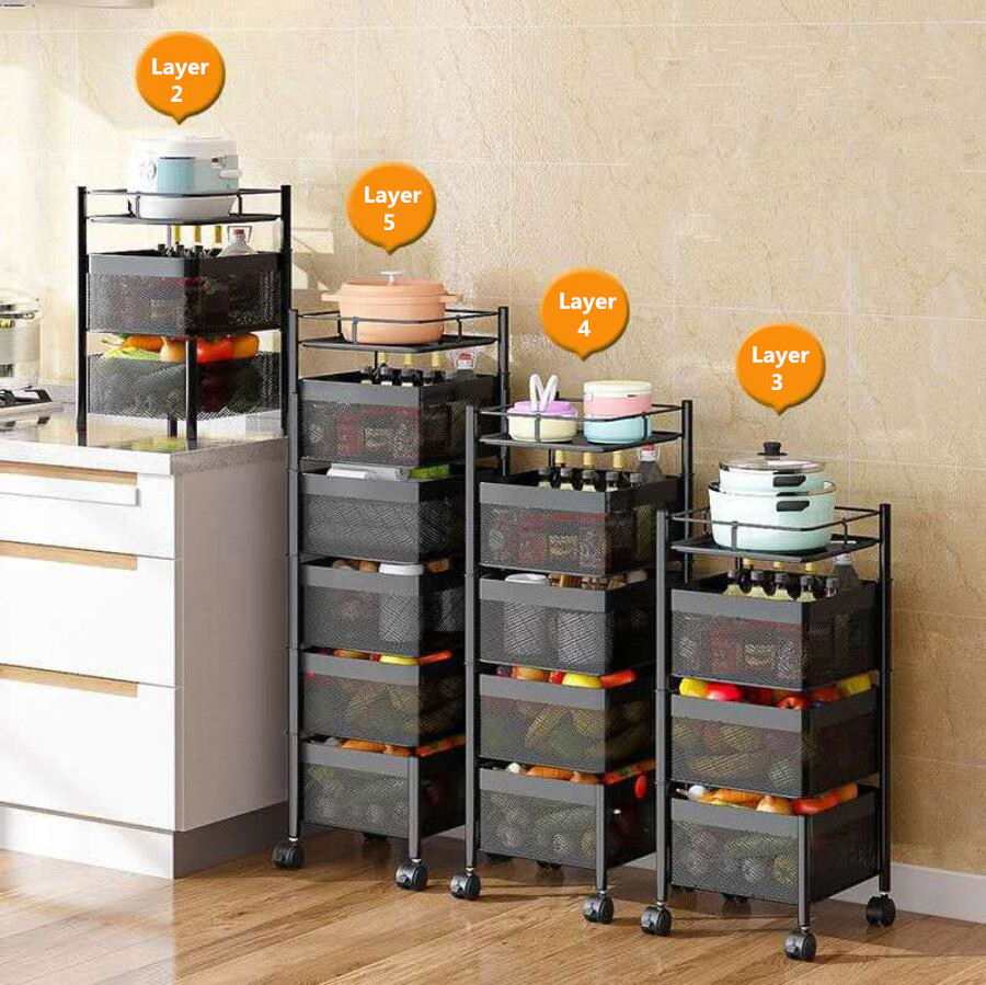 3. 4. 5 - Tier Black Kitchen Rotate Cart Mesh Wire Rolling Cart On Wheels Utility Swivel Wire Basket Shelving Trolley