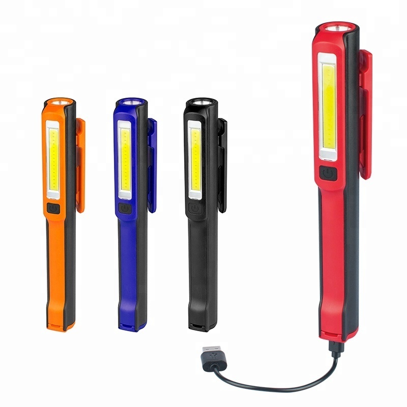 Multifunction rechargeable flashlight  high lumens LED COB pocket pen work light with clip and bottom with strong magnet