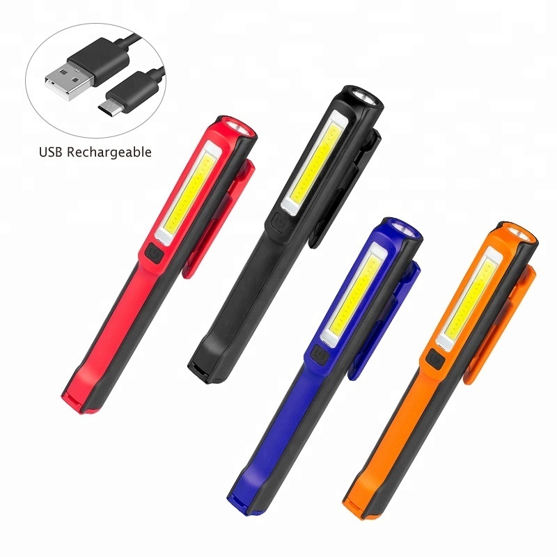 Multifunction rechargeable flashlight  high lumens LED COB pocket pen work light with clip and bottom with strong magnet