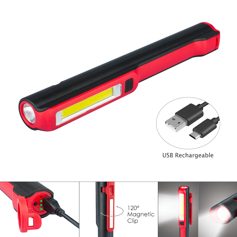 Multifunction rechargeable flashlight  high lumens LED COB pocket pen work light with clip and bottom with strong magnet