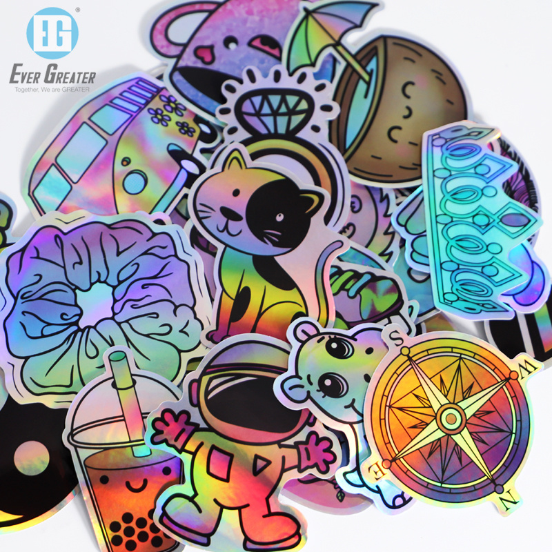 custom die cut cartoon hologram stickers waterproof decorative vinyl sticker pack