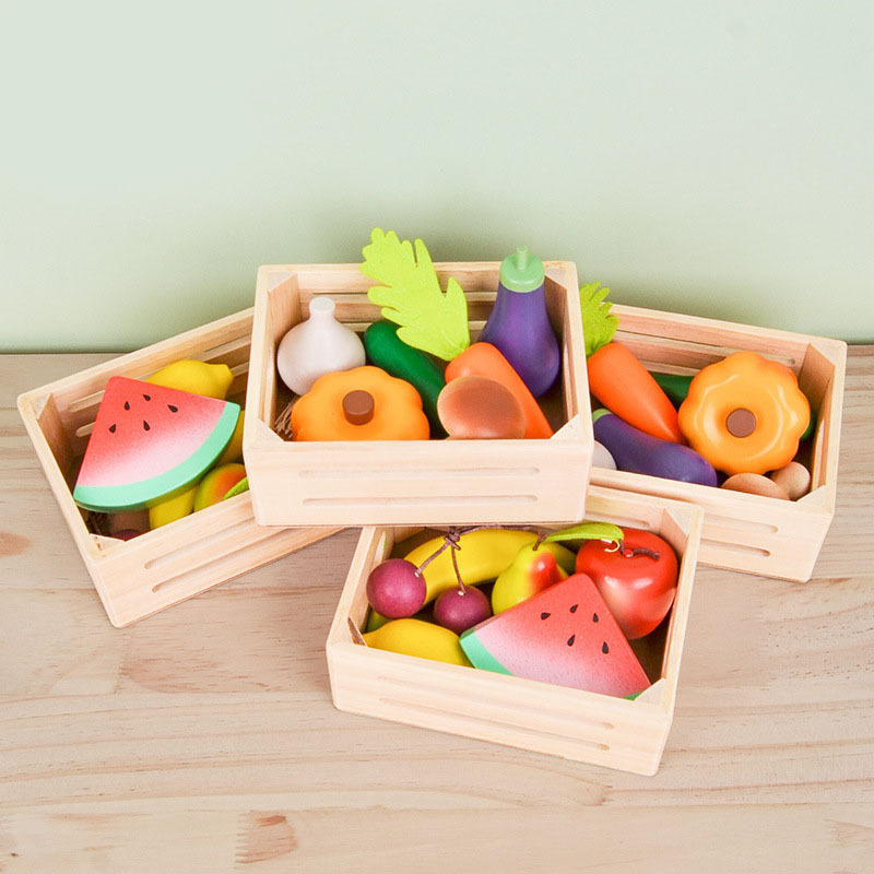 Children play house boys and girls toys simulation wooden frame mini vegetables and fruit kitchen toys wooden box storage toys