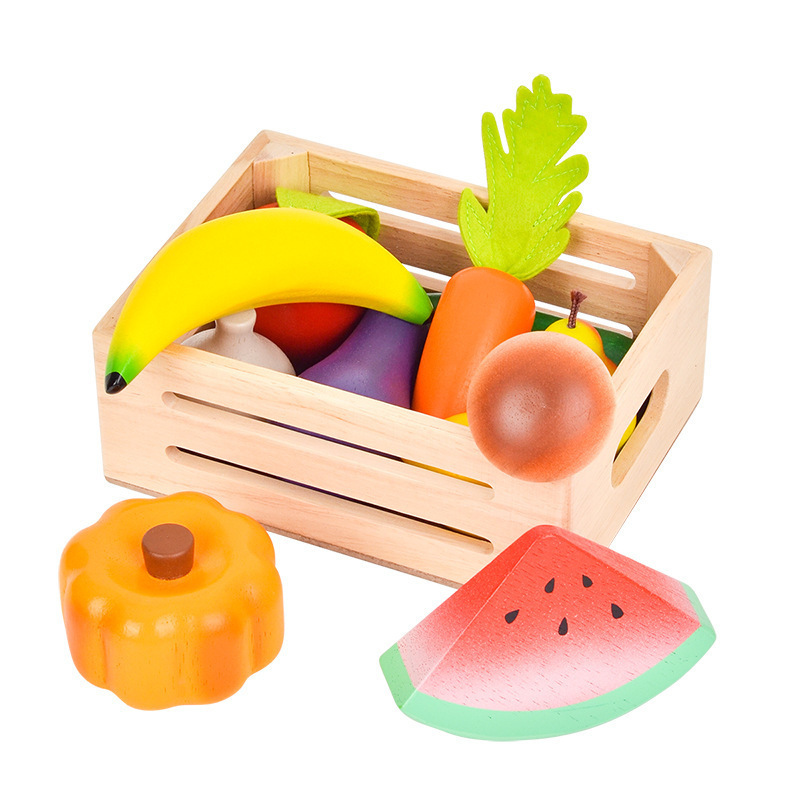 Children play house boys and girls toys simulation wooden frame mini vegetables and fruit kitchen toys wooden box storage toys