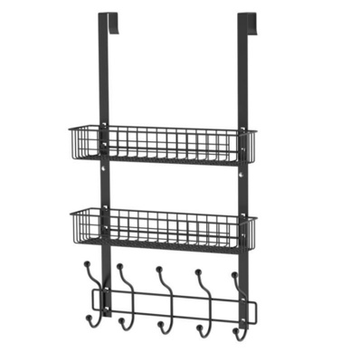 Modern Metal Black 2-Layer Door Hanging Basket Hook Hanger for Clothes Key Coat Towel Bathroom Lavatory Towel Rack