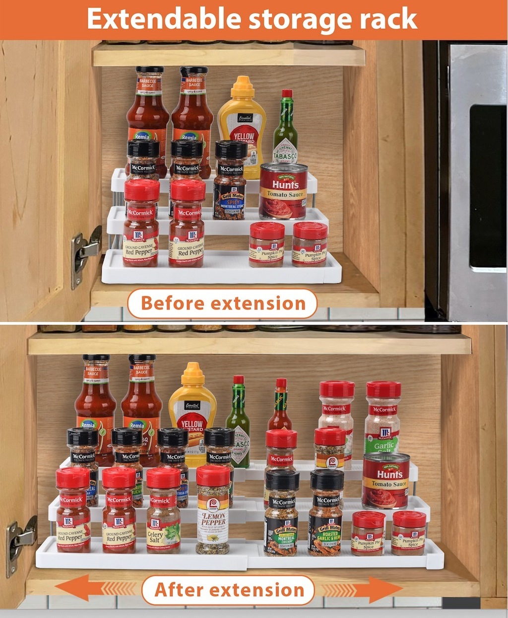 Expandable Spice Rack Organizer for Cabinet 3 Tier Adjustable Seasoning Organizer Easy Visibility Foldable Plastic Stocked