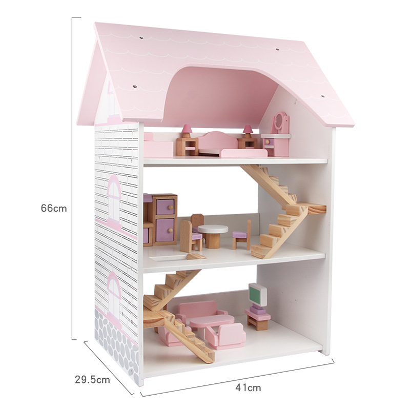 New Three Floor Children Doll House Toy Wood Pink Dollhouse Toys Modern 3 layer Princess Villa Gift Set  for pretend play