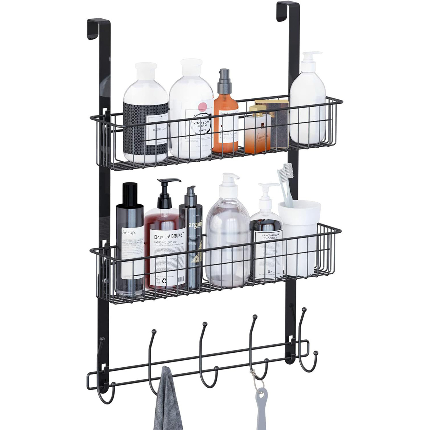 Modern Metal Black 2-Layer Door Hanging Basket Hook Hanger for Clothes Key Coat Towel Bathroom Lavatory Towel Rack