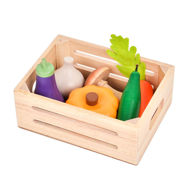 Children play house boys and girls toys simulation wooden frame mini vegetables and fruit kitchen toys wooden box storage toys