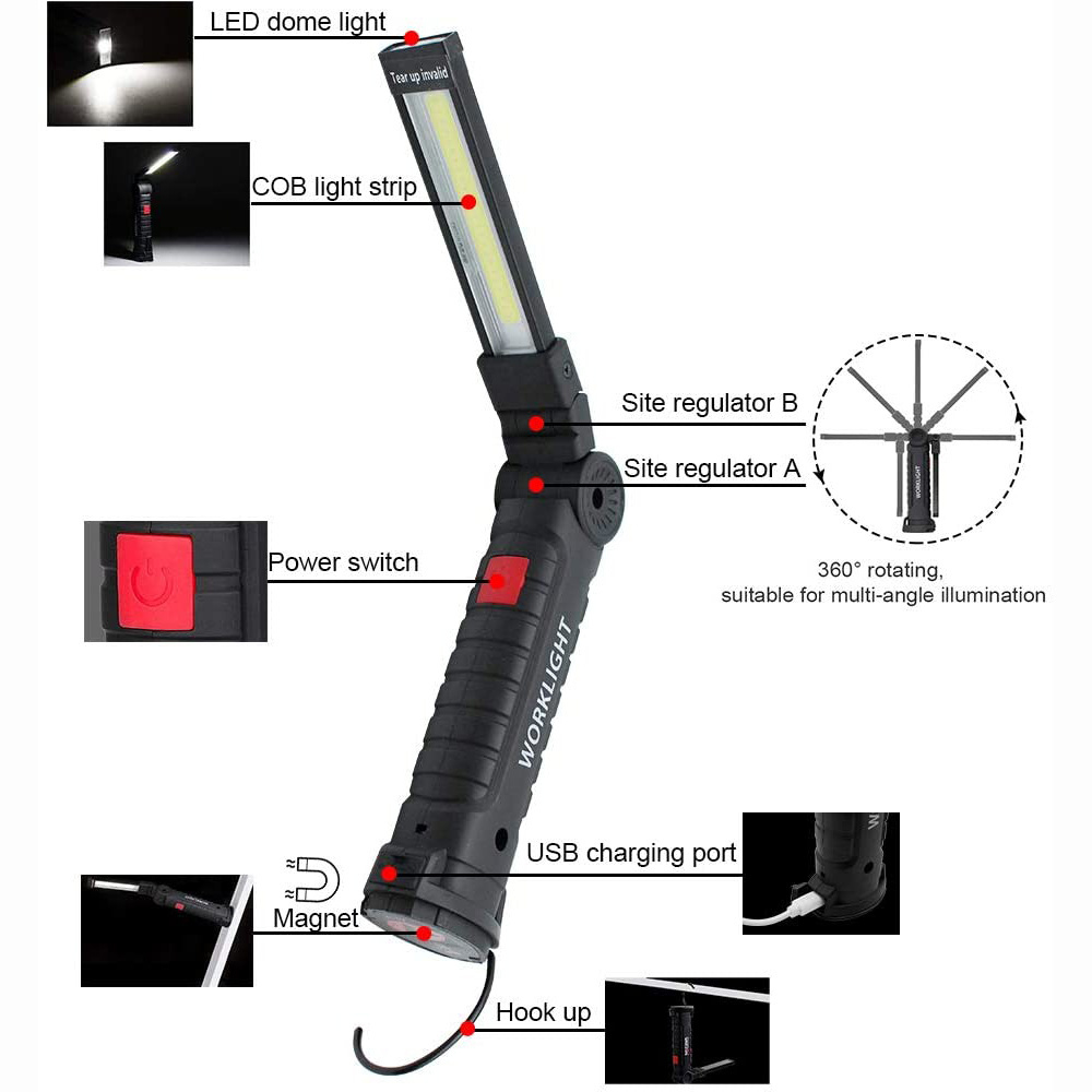 Rechargeable LED Work Lights Magnetic Base 5 Modes Flashlight 360 degree Rotation Folding Flashlight for Car Repair Workshop