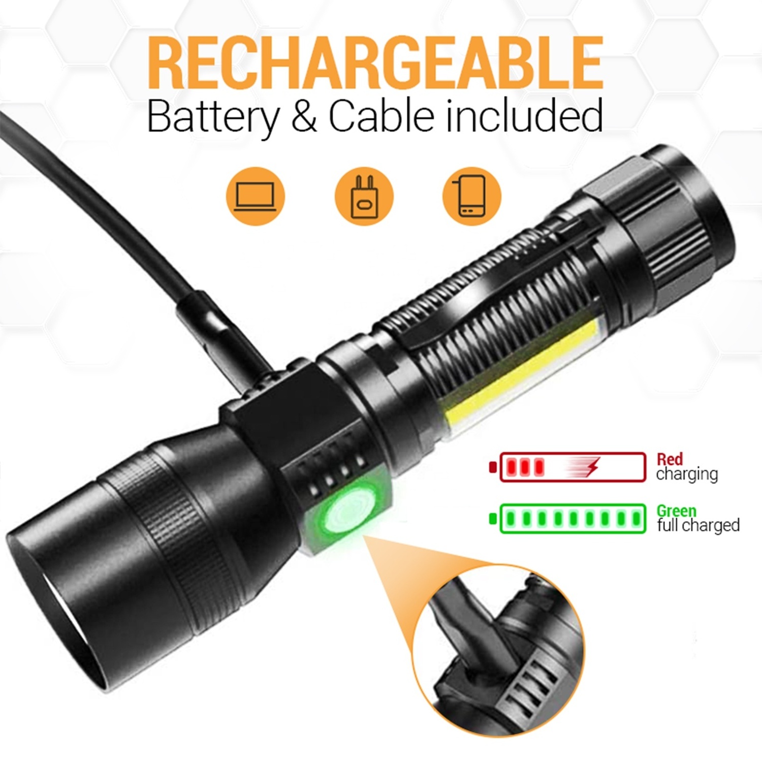 COB Flashlights Torches 18650 usb Rechargeable Led tactical torches Magnet Base LED work flashlight