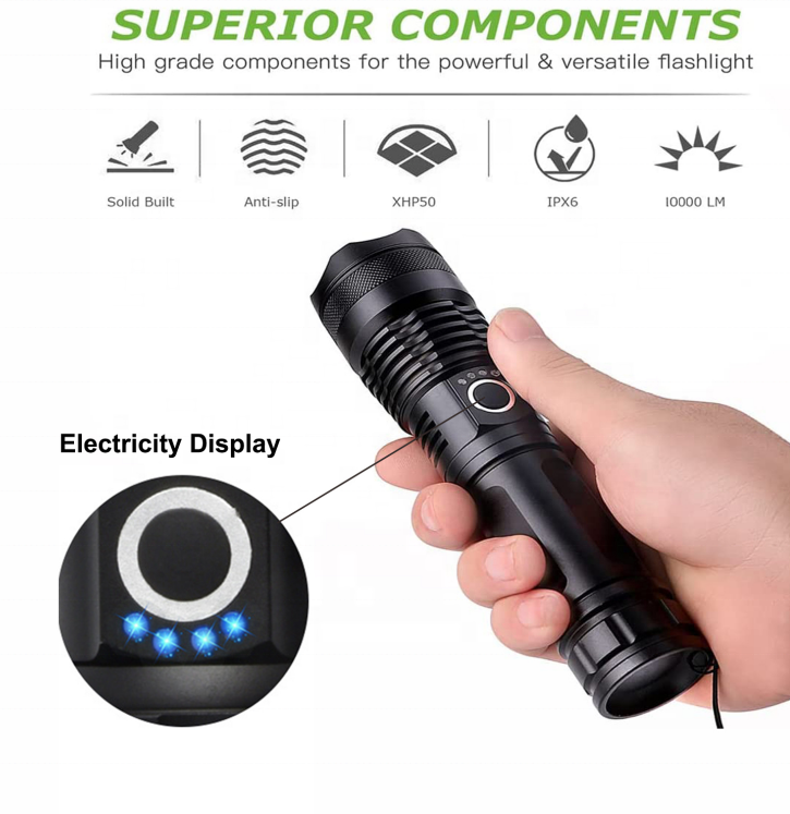 High Lumen Strong Powerful Zoomable Flashlight Torches LED Hand Waterproof Flashlight Rechargeable For Outdoor Working