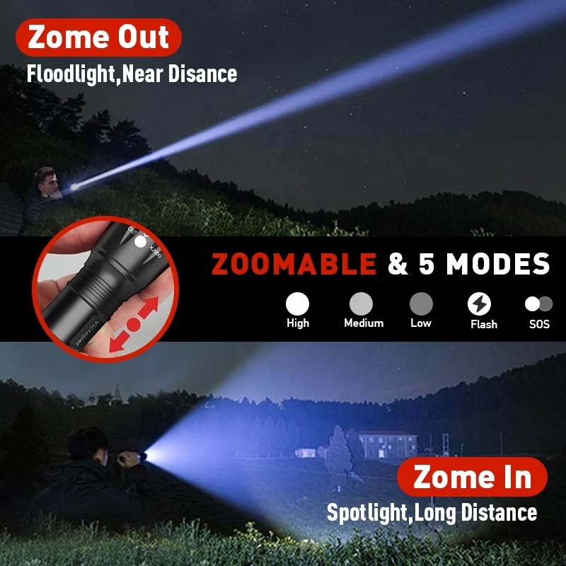 High Power Camping Waterproof rechargeable led torch Set Small flashlight Tactical Torch battery Telescopic Zoom Flashlights