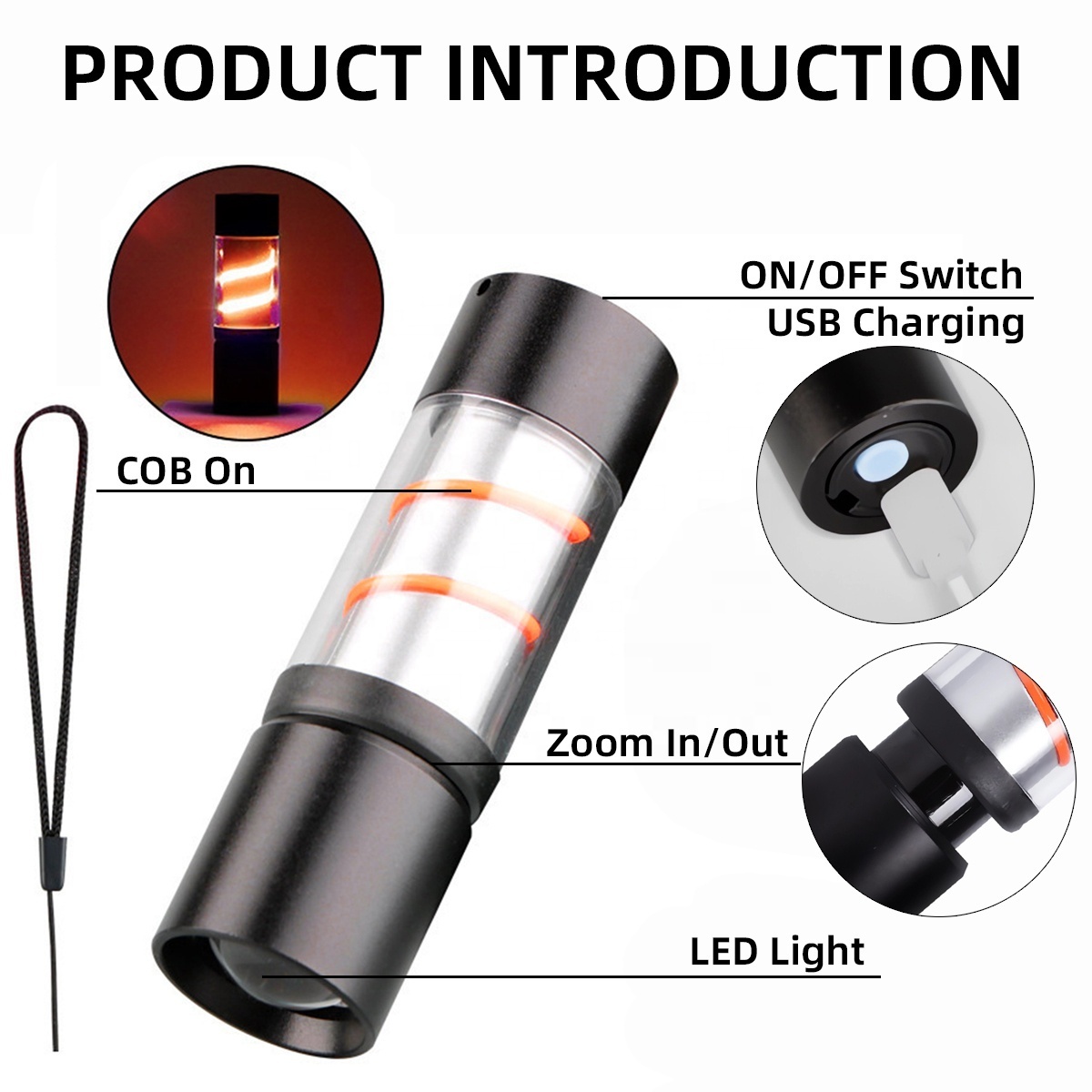 Rechargeable COB Led Flashlight 3 Light Modes Waterproof Flashlight Hiking Camping Emergencies