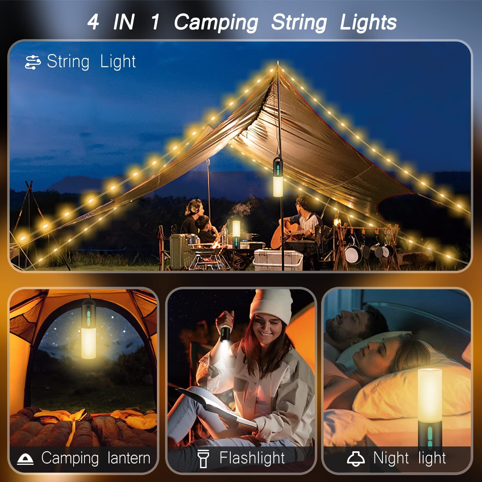 Camping String Light USB Rechargeable Flashlights 10m Lantern 1200mAh Charger Waterproof Lights Portable Flashlight Hiking