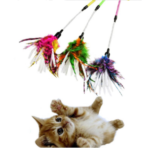 DIY high quality  colorful fairy chicken feathers tail stick pet toy interactive indoor cat teaser wand fur feather cat toy