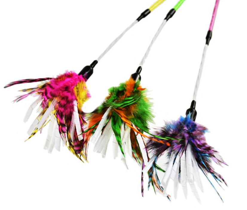 DIY high quality  colorful fairy chicken feathers tail stick pet toy interactive indoor cat teaser wand fur feather cat toy