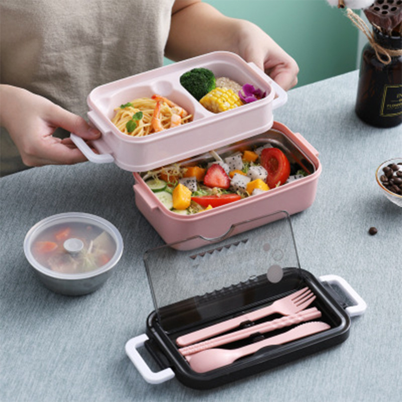 304 Stainless Steel Lunch Bento Box 2 Layers Microwave Heating Food Storage Container