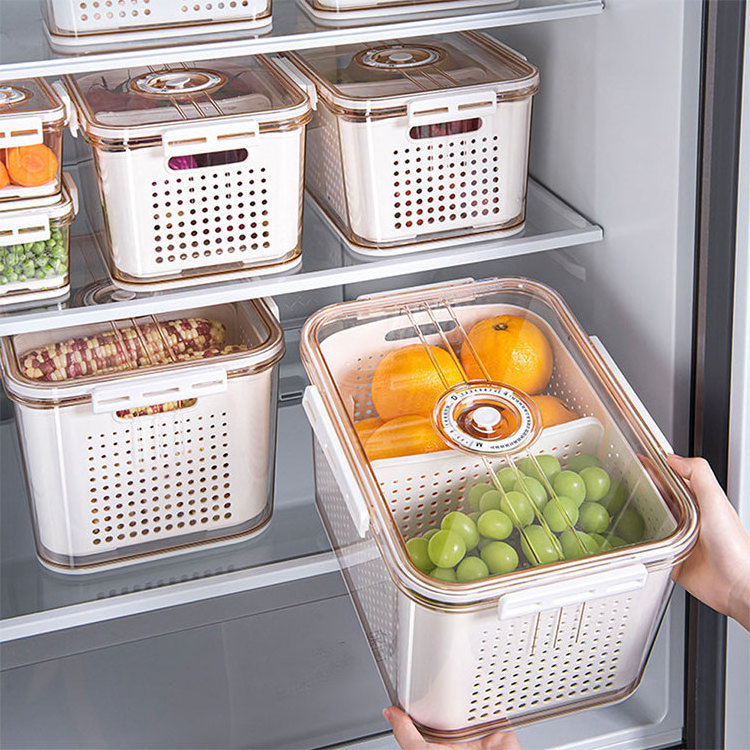 Time Lock Fresh Drain Basket Storage Box BPA-Free Fresh Containers Fridge Containers with Draining Baskets