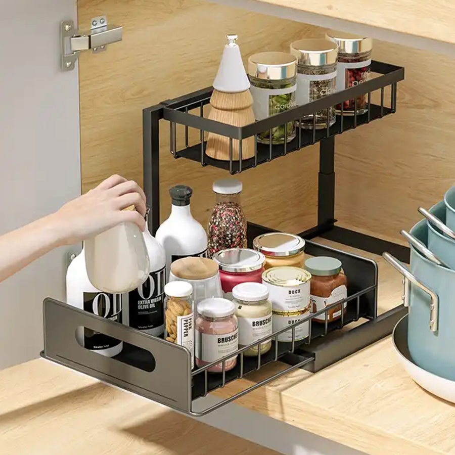 Kitchen Organizer Sink Shelf 2-Tier Stackable Under Sink Cabinet Organizer With Sliding Storage Drawer